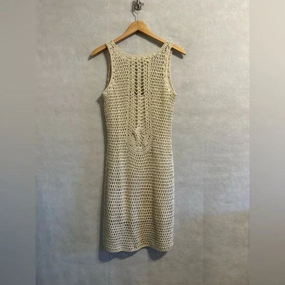 Zara knit crochet sleeveless beach resort wear mini femenine dress SZ M tan boho - Picture 8 of 10